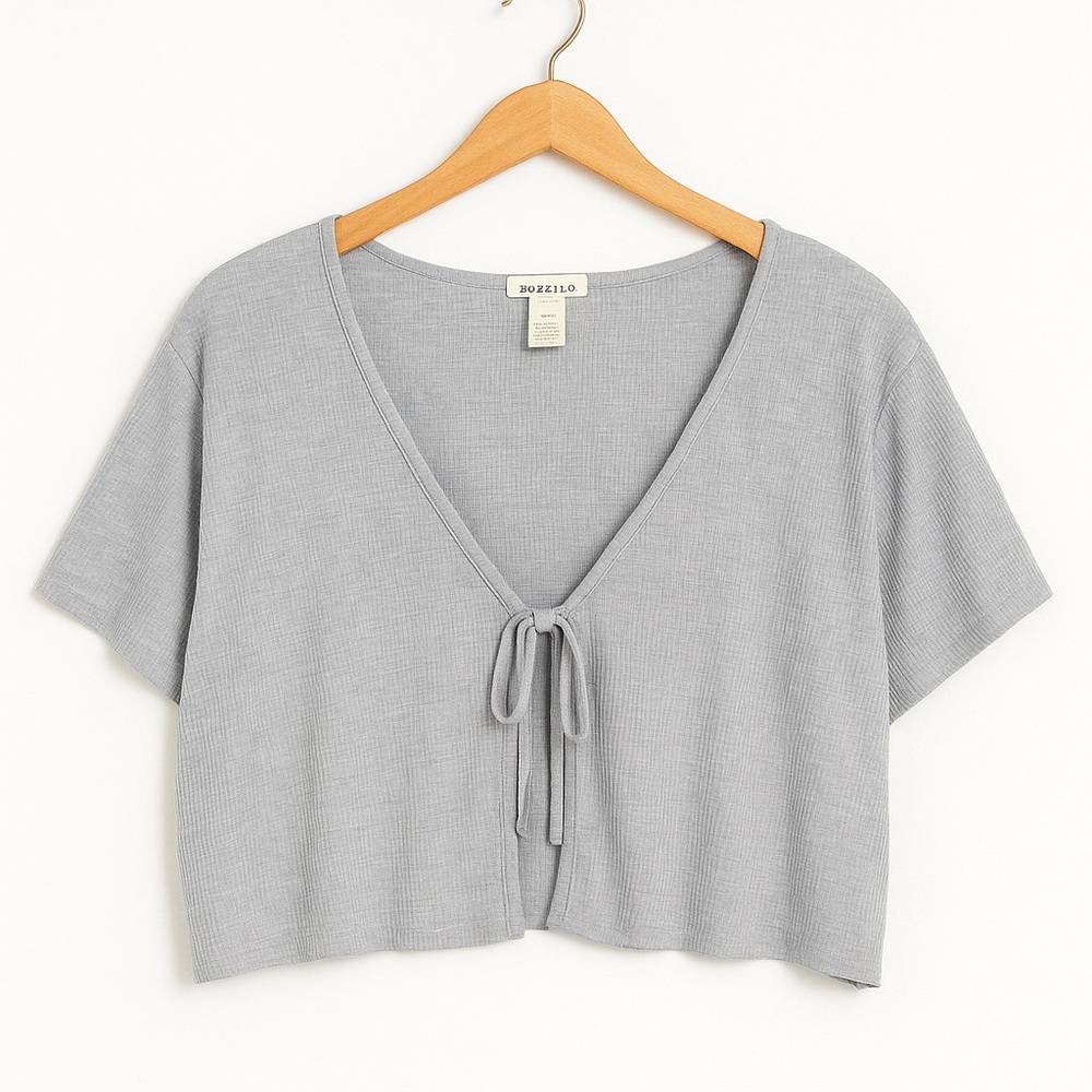 Bozzolo Gray Ribbed Tie Front Cropped Top Plus Size 3X